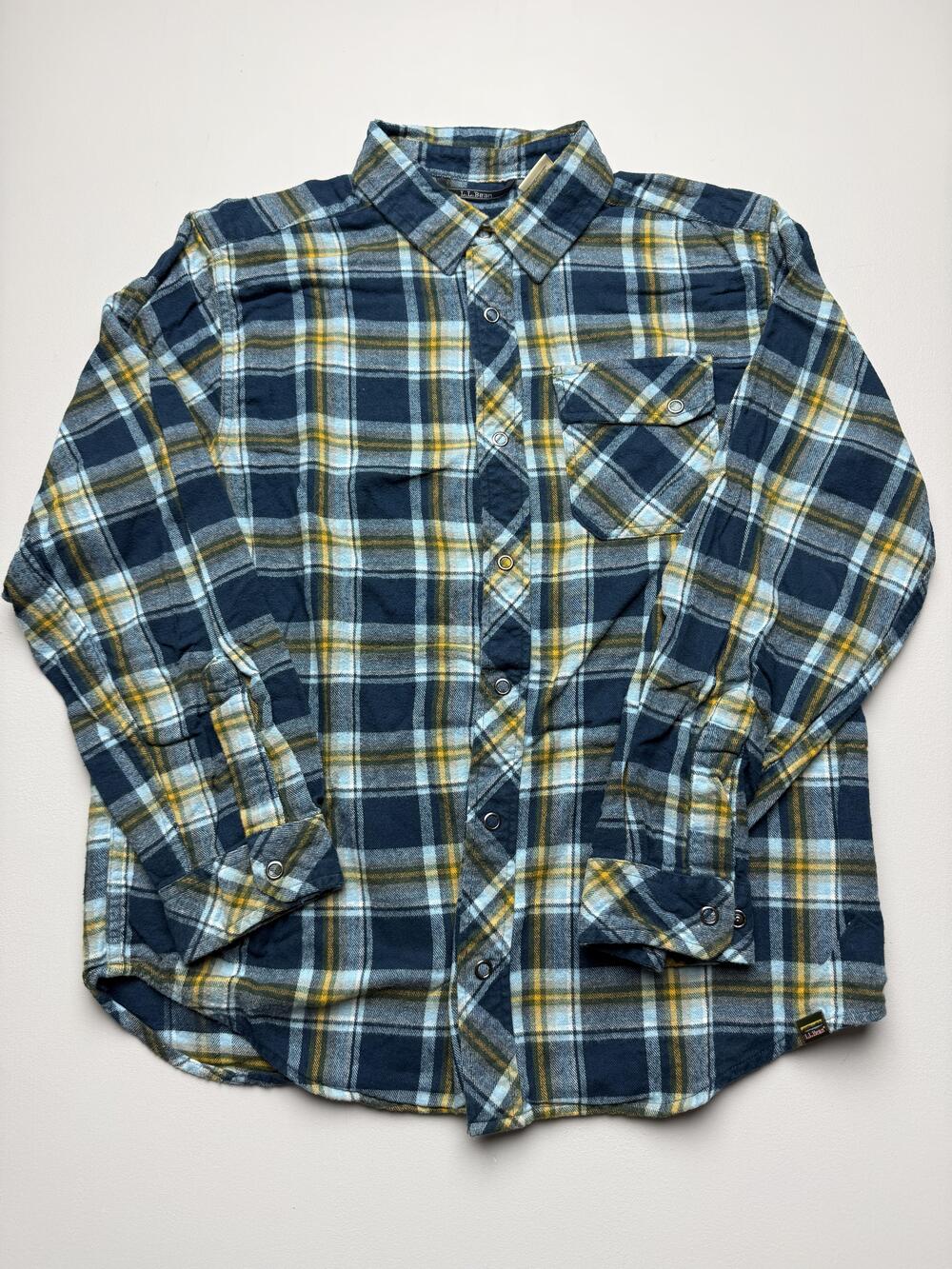 L.L. Bean Shirt Youth Large 14-16 Blue Plaid Flannel Long Sleeve Snap Button Up